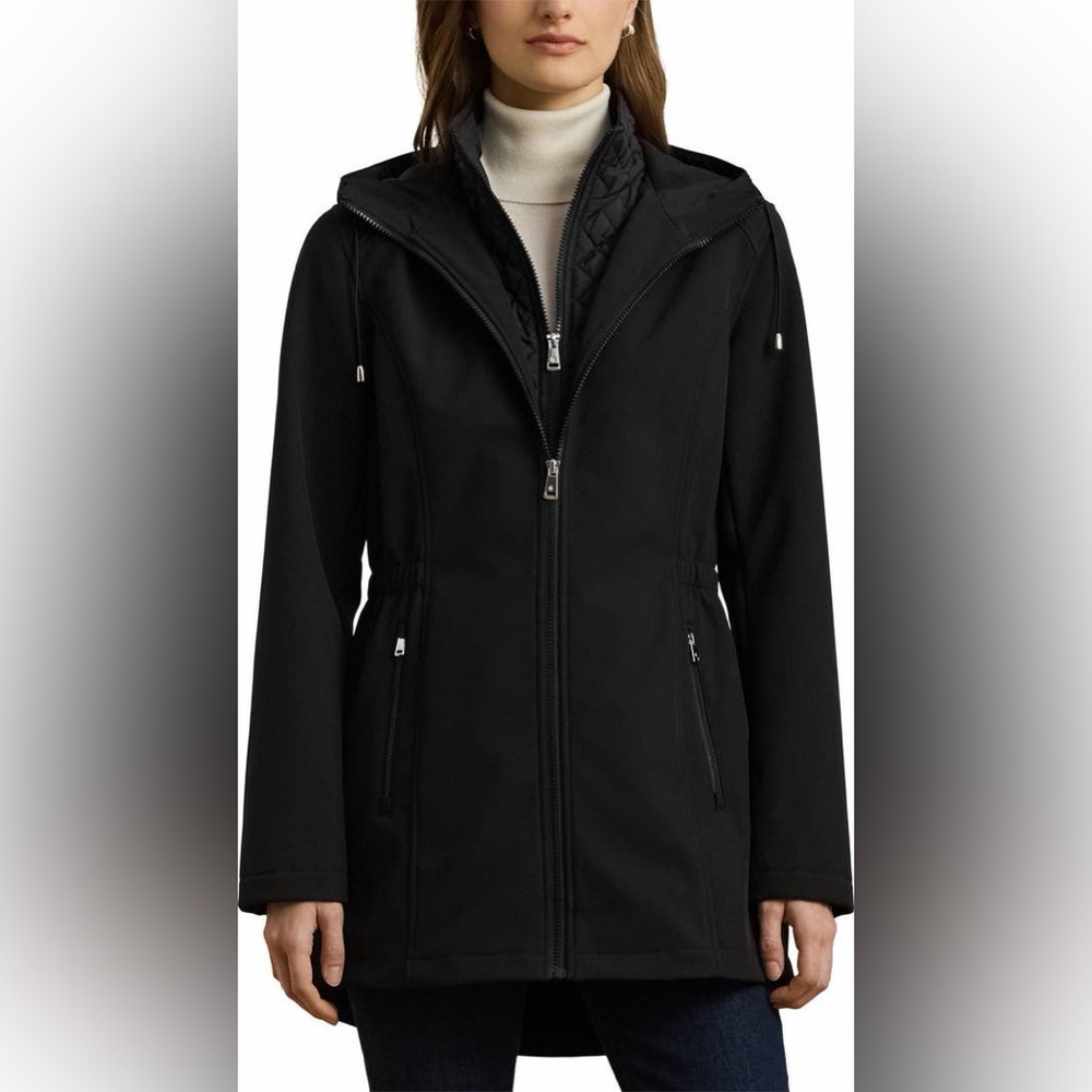 NWT Lauren Ralph Lauren Black Hooded Soft-Shell Jacket With Interior Quilted Bib